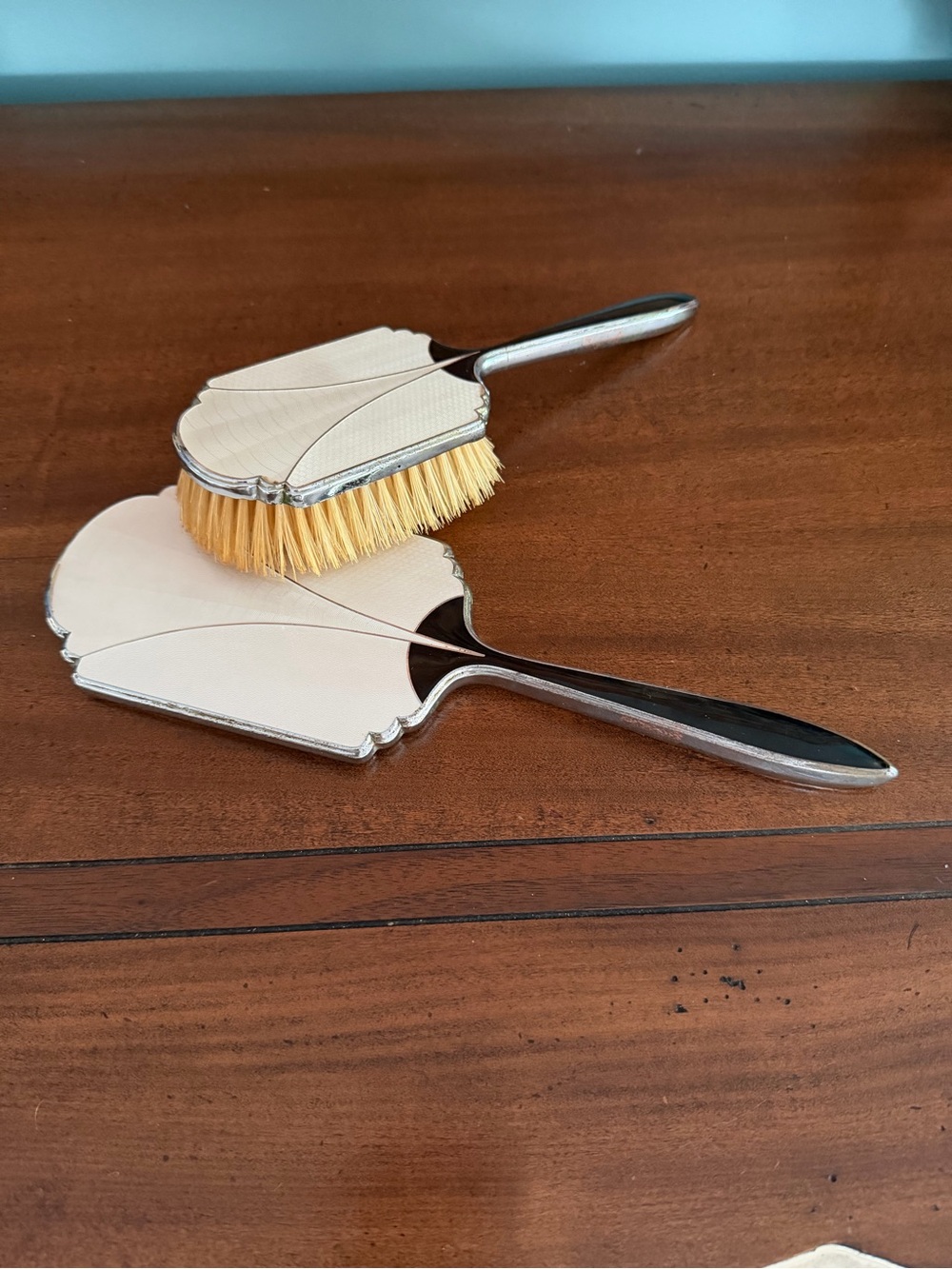 Vintage Art Deco Vanity Hand Mirror and Brush Set with Natural Bristles